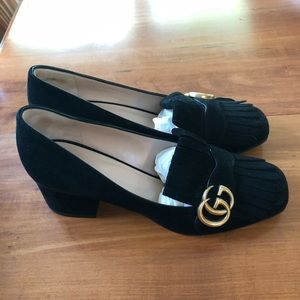 Gucci Suede GG Marmont Fringe Loafer Pumps Black